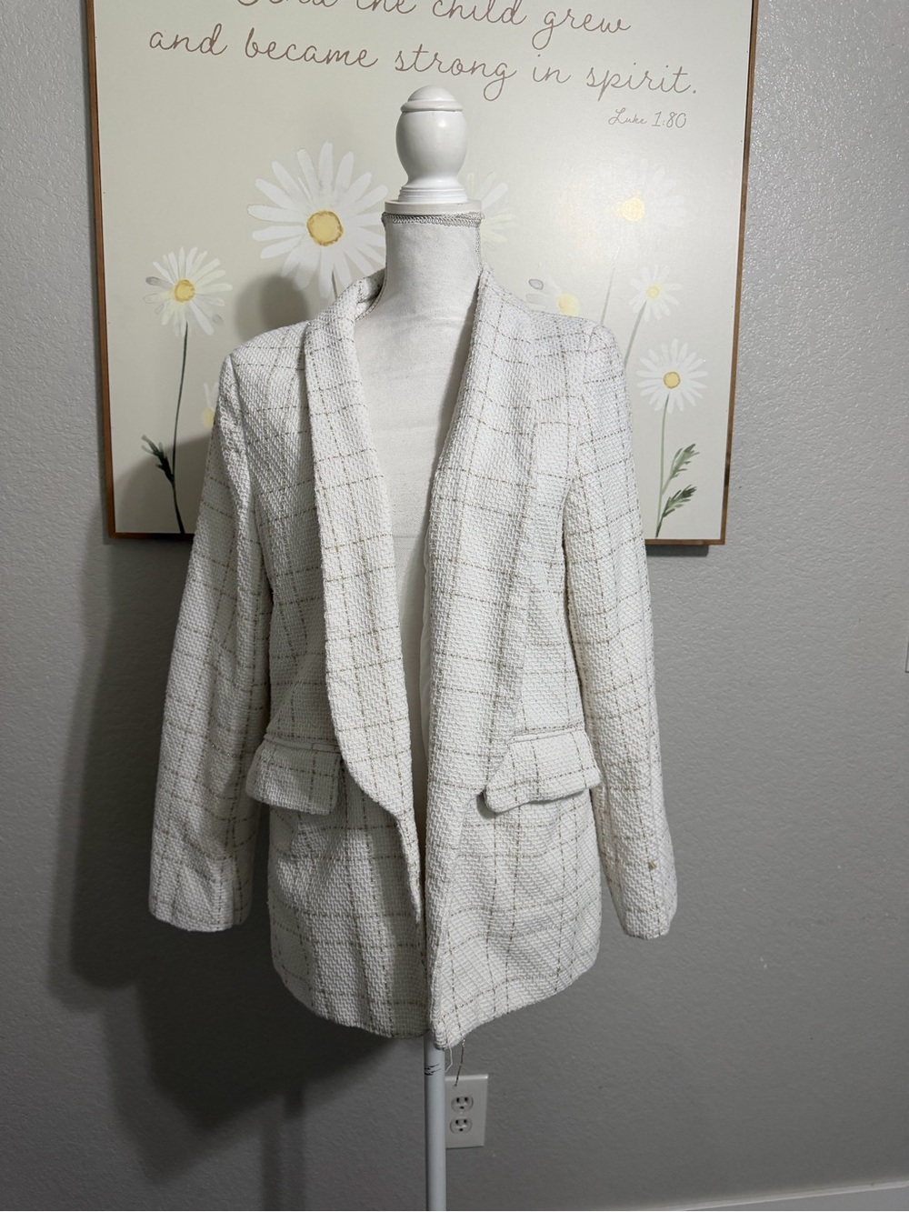 SHEIN White Tweed Plaid Blazer Jacket